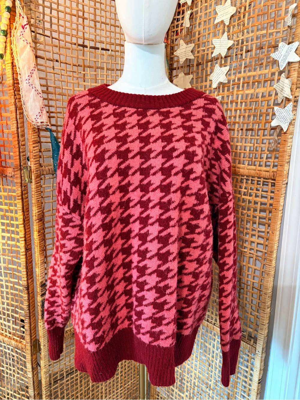 Ava & Viv Pink and Maroon Houndstooth Crewneck Sweater